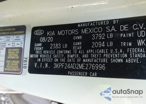 2021 Kia Forte Lxs z USA, uszkodzony, nr VIN 3KPF24AD2ME276996